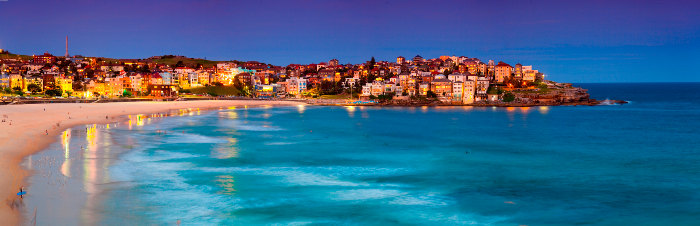 Panoramic view of Bondi Beach in Sydney, at sunset